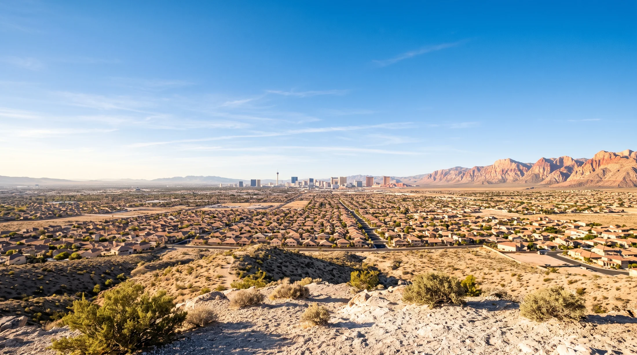 The Las Vegas valley on a clear morning, rooftops stretching toward the Strip with Red Rock glowing behind.