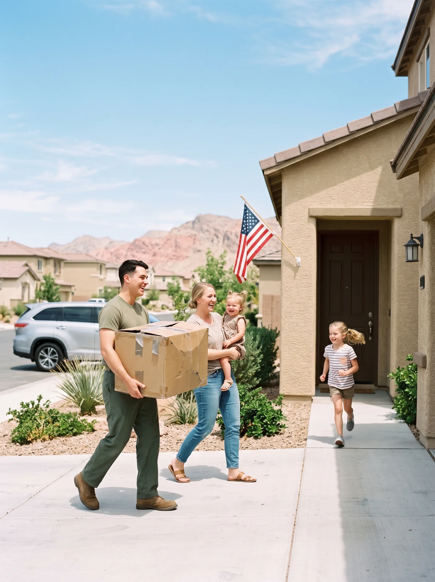 A young military family arriving at their new stucco home in Las Vegas, a small American flag by the porch.